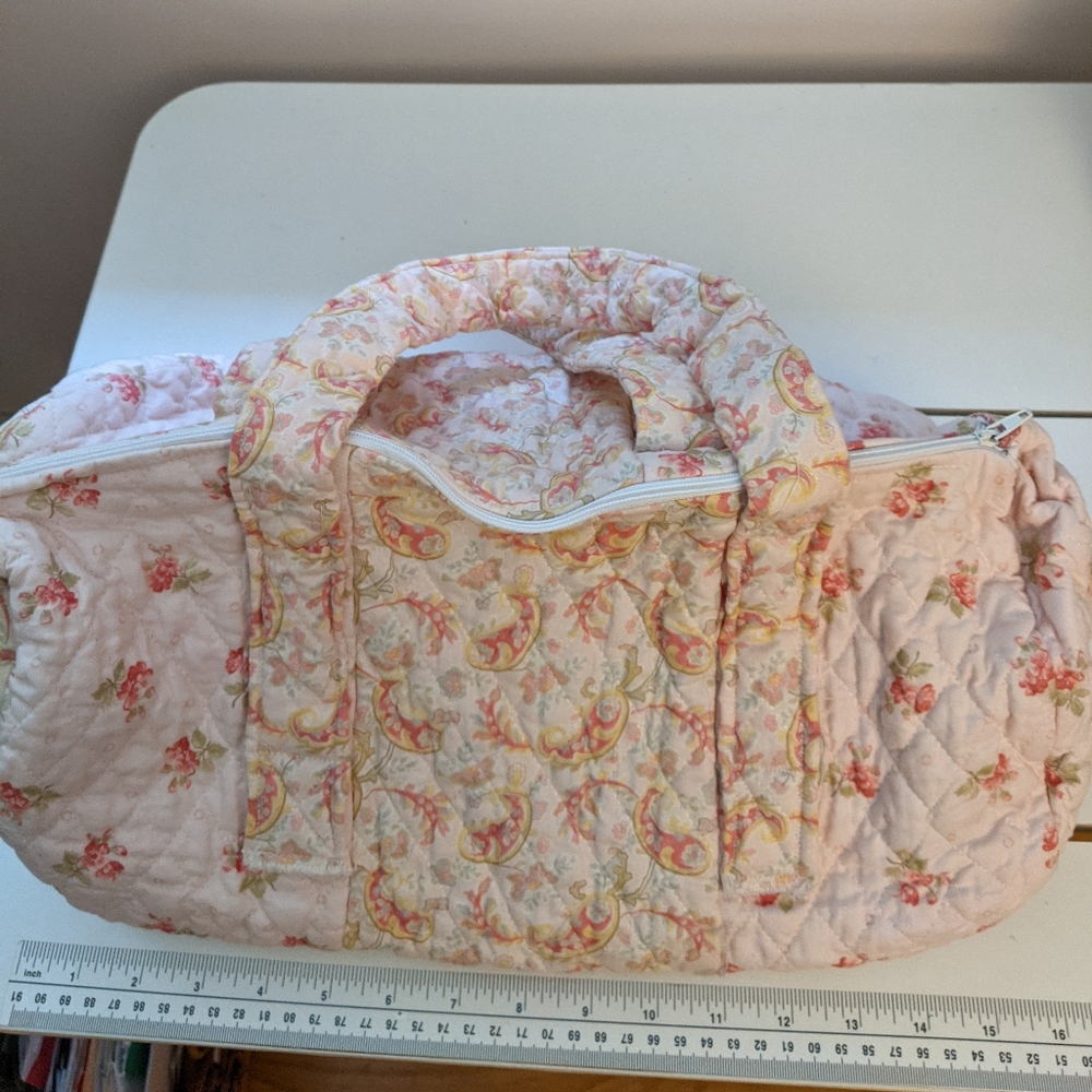 Handcrafted Pink Floral/Paisley Duffle Quilted Fabric Shoulder Bag, Made in USA